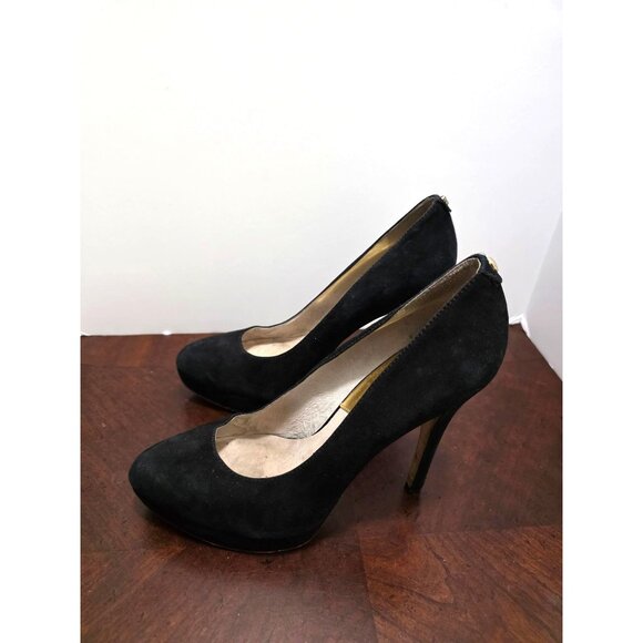 Michael Kors Black Suede Pointed Toe Pump High Heels Gold Accents Size 9.5M - Picture 4 of 13